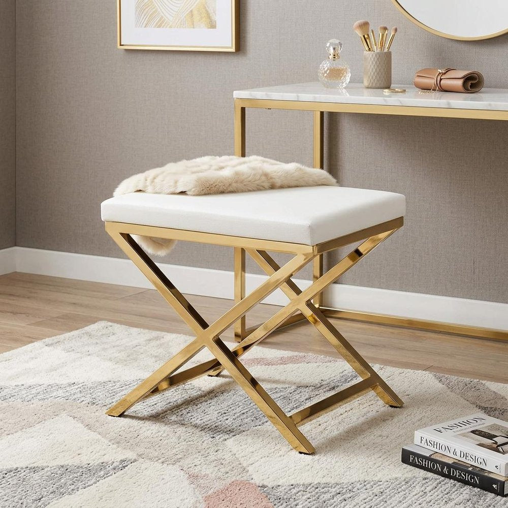 21" White and Gold Faux Leather Vanity Chair HomeRoots