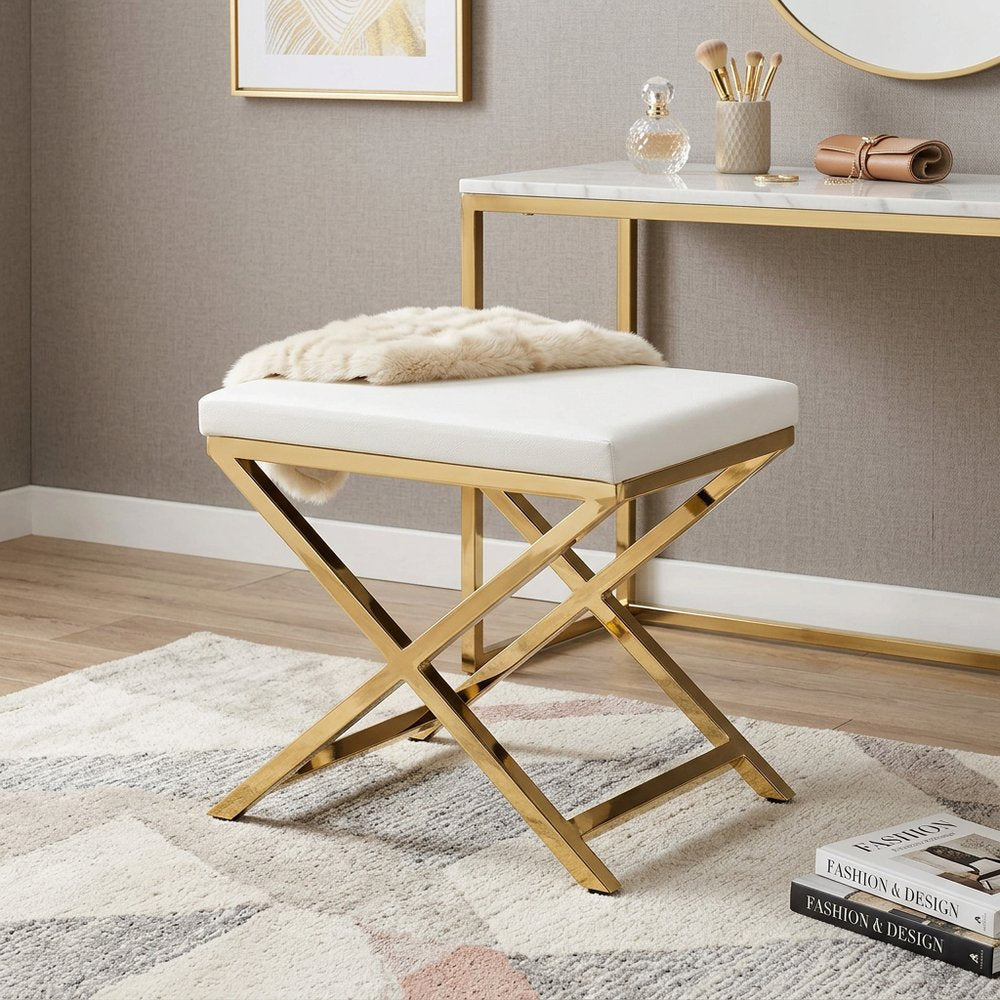 21" White and Gold Faux Leather Vanity Chair HomeRoots