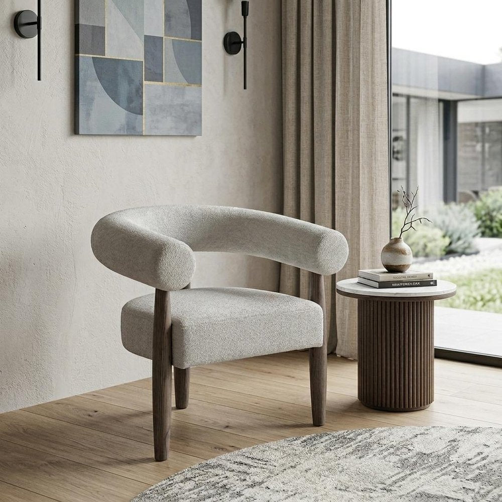 29" Cream and Light Brown Fabric And Wood Curved Arm Chair HomeRoots