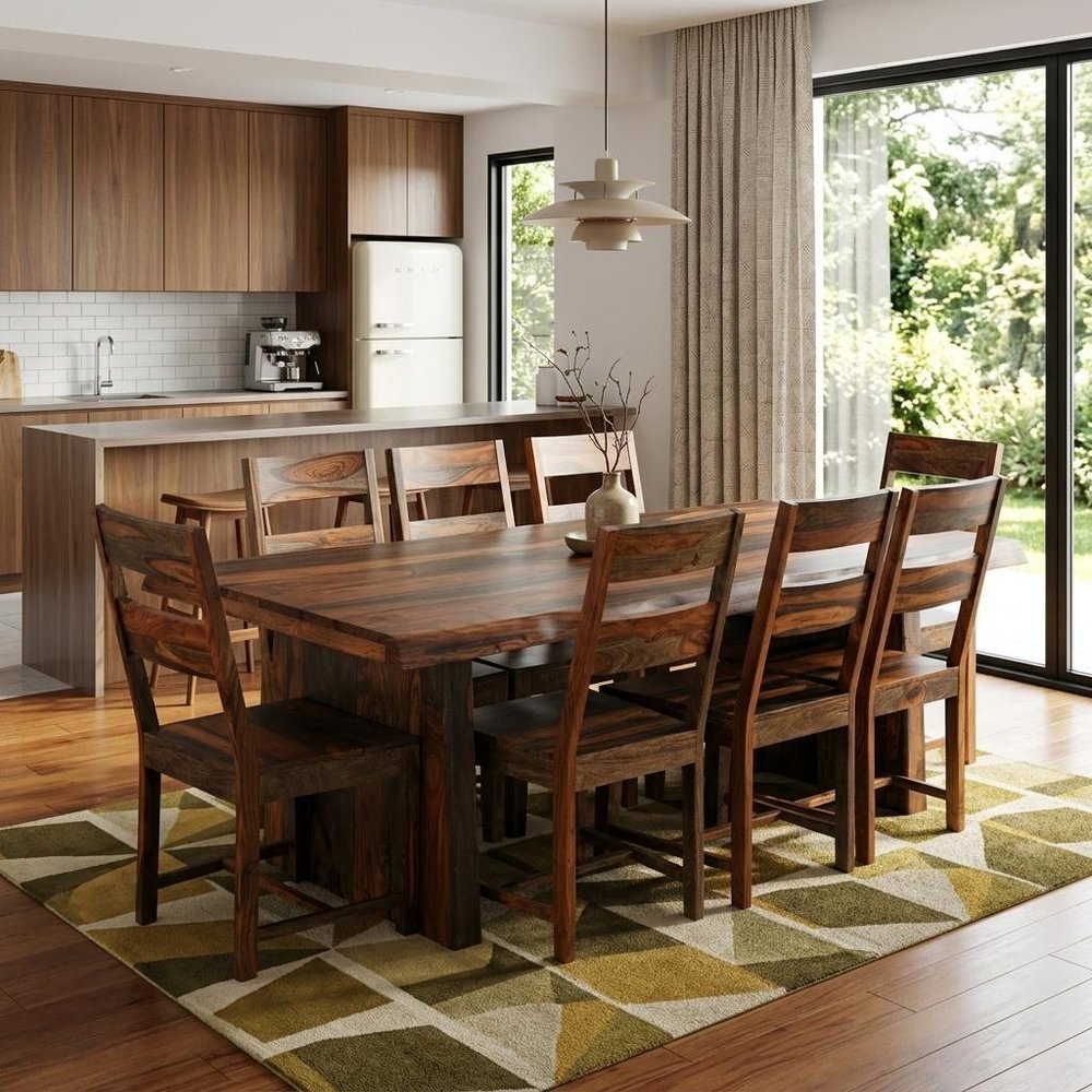 Nine Piece Brown Solid Wood Dining Set with Eight Chairs HomeRoots