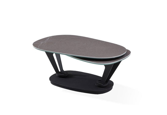 36" Gray And Black Faux Marble And Metal Oval Coffee Table