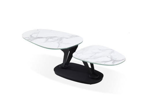36" White And Black Faux Marble And Metal Oval Coffee Table