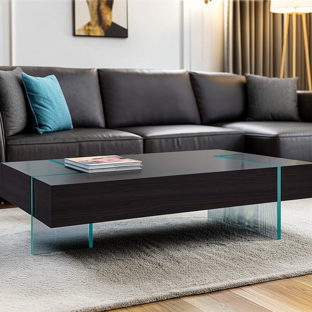 53" Black And Clear Wood And Glass Sled Coffee Table HomeRoots