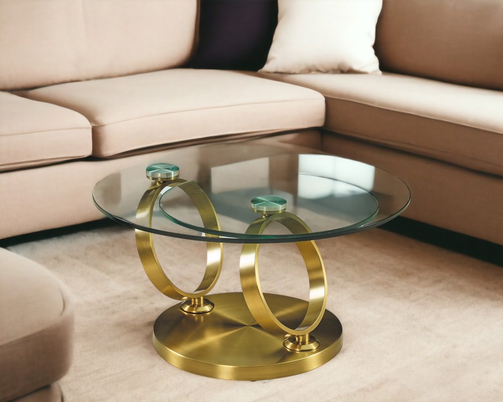 32" Clear And Gold Glass And Metal Round Abstract Coffee Table HomeRoots