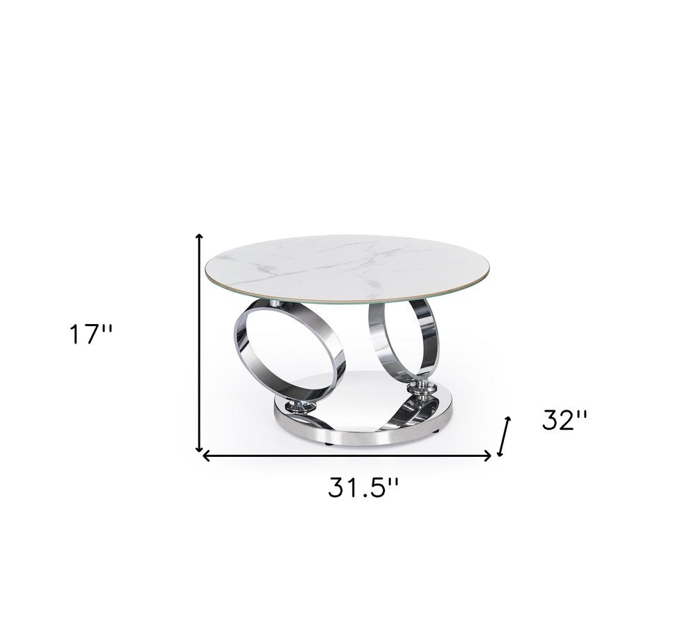 32" White And Silver Ceramic Tile And Metal Round Abstract Coffee Table HomeRoots