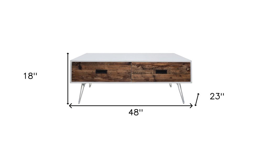 48" Brown And White Wood And Metal Coffee Table With Two Drawers