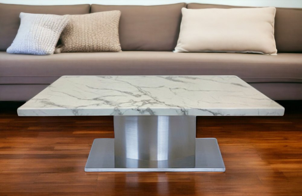 51" White And Silver Genuine Marble And Stainless Steel Pedestal Coffee Table HomeRoots