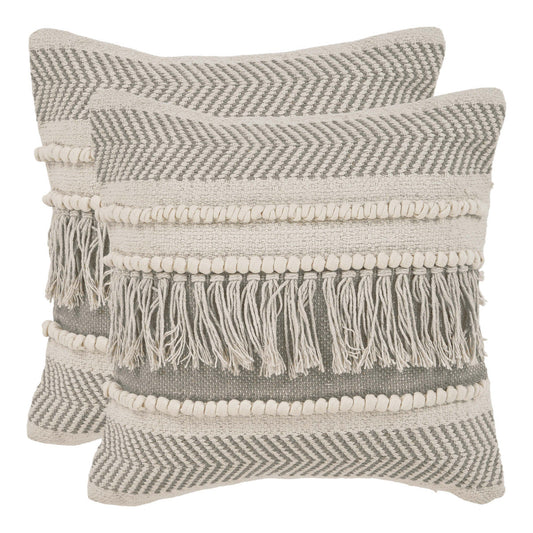 Set of Two Beige Striped Cotton Throw Pillow With Fringe FurniFindUSA