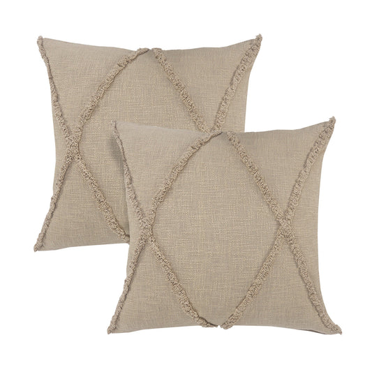 Set of Two Taupe and Brown Diamond Cotton Throw Pillow With Fringe FurniFindUSA