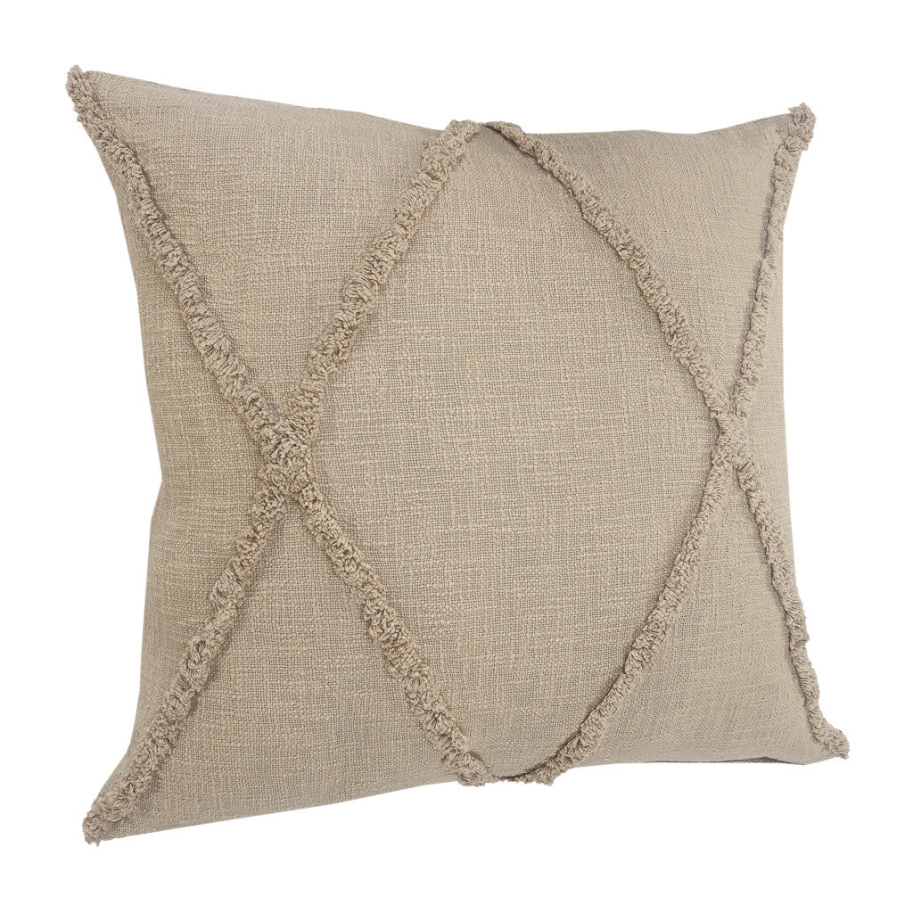 Set of Two Taupe and Brown Diamond Cotton Throw Pillow With Fringe FurniFindUSA