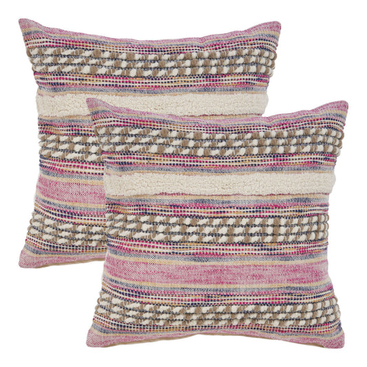 Set of Two Pink Striped Cotton Throw Pillow With Fringe 4.0" (L) x 18.0" (W) x 18.0" (H) FurniFindUSA