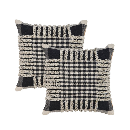 Set of Two Black and Ivory Plaid Cotton Throw Pillow With Fringe FurniFindUSA