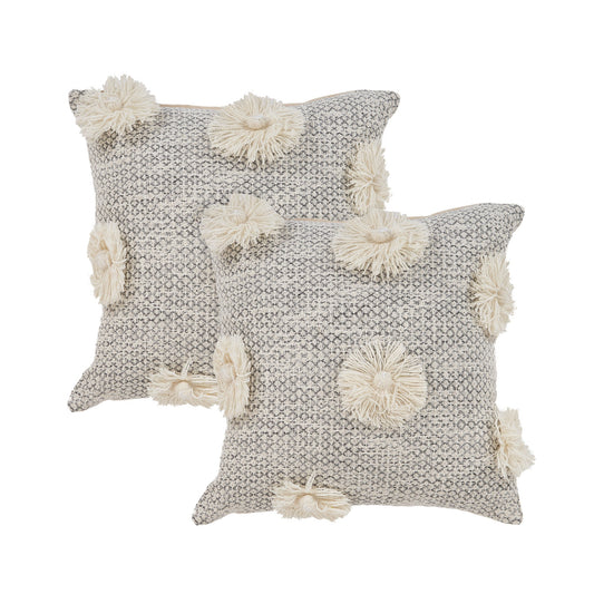 Set of Two Gray and Ivory Floral Cotton Throw Pillow With Fringe FurniFindUSA