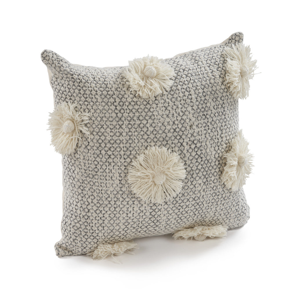Set of Two Gray and Ivory Floral Cotton Throw Pillow With Fringe FurniFindUSA