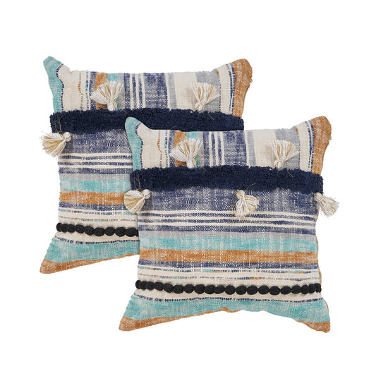 Set of Two Blue Striped Cotton Throw Pillow With Tassels FurniFindUSA