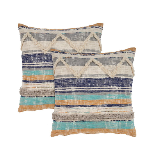 Set of Two Blue Striped Cotton Throw Pillow With Fringe FurniFindUSA
