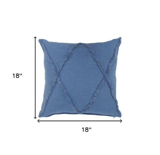 Set of Two Blue Diamond Cotton Throw Pillow With Fringe