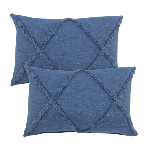 Set of Two 16" X 24" Blue Diamond Cotton Lumbar Throw Pillow With Fringe FurniFindUSA