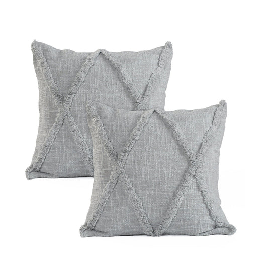 Set of Two Light Gray Diamond Cotton Throw Pillow With Fringe FurniFindUSA