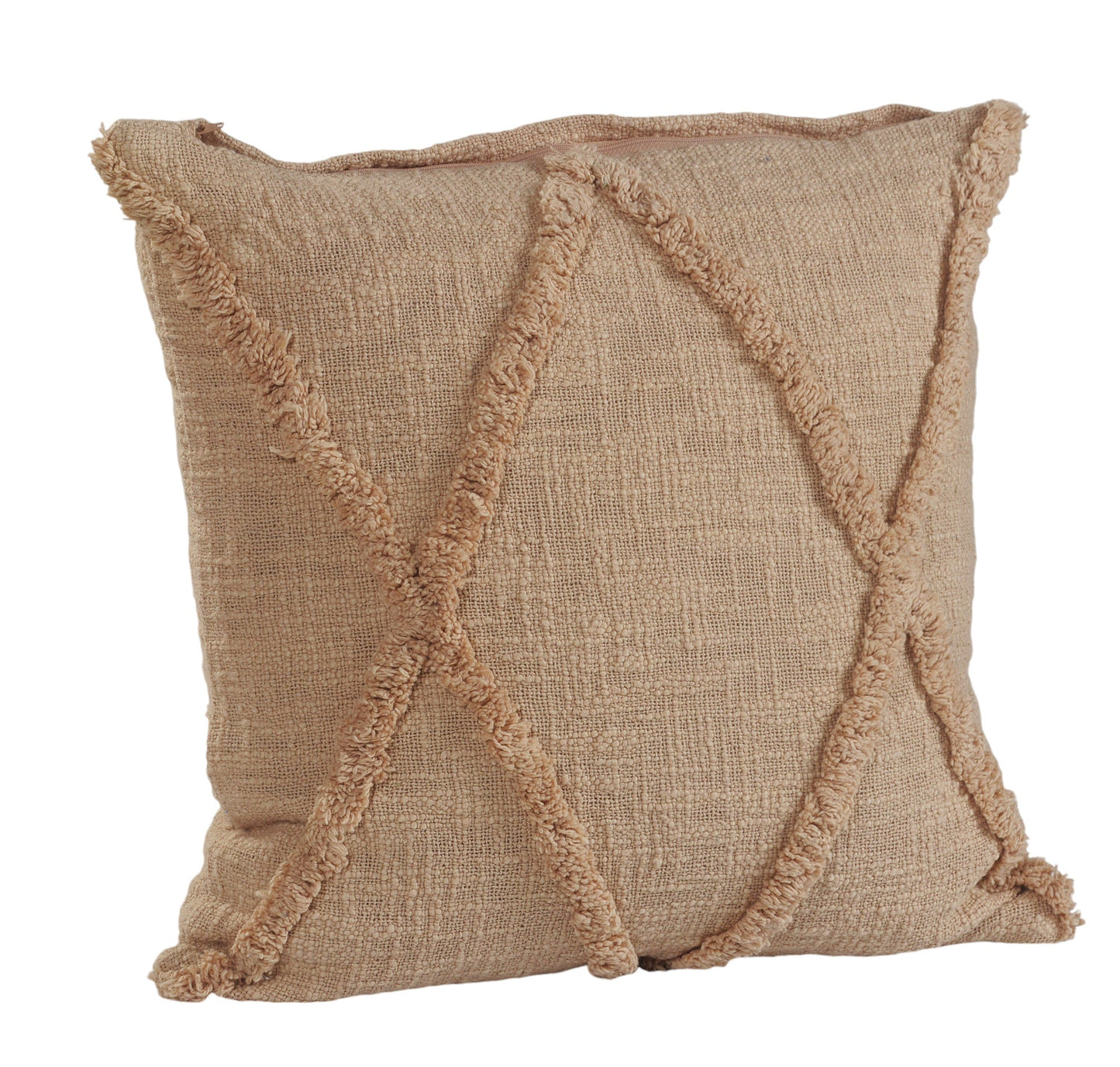 Set of Two Tan Diamond Cotton Throw Pillow With Fringe 4.0" (L) x 18.0" (W) x 18.0" (H) FurniFindUSA