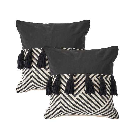 Set of Two Black and White Chevron Cotton Throw Pillow With Tassels FurniFindUSA