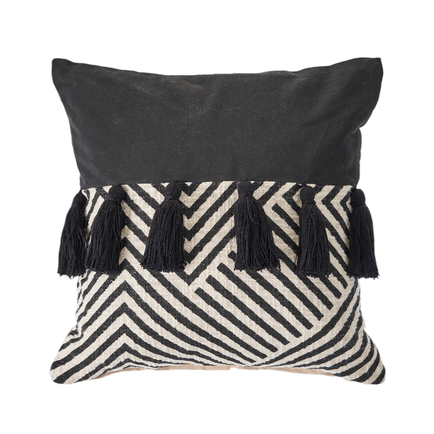 Set of Two Black and White Chevron Cotton Throw Pillow With Tassels FurniFindUSA