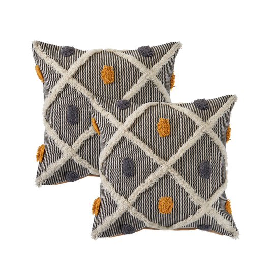 Set of Two Black and Yellow Striped Cotton Throw Pillow With Fringe FurniFindUSA