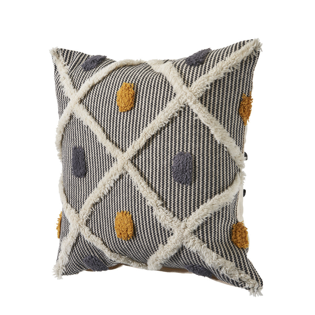 Set of Two Black and Yellow Striped Cotton Throw Pillow With Fringe FurniFindUSA