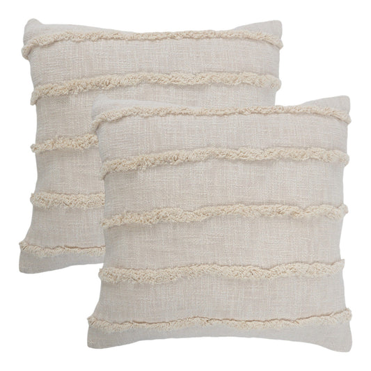 Set of Two Beige Ribbed Cotton Throw Pillow With Fringe FurniFindUSA