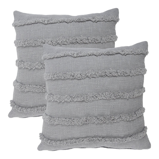 Set of Two Gray Ribbed Cotton Throw Pillow With Fringe 4.0" (L) x 20.0" (W) x 20.0" (H) FurniFindUSA