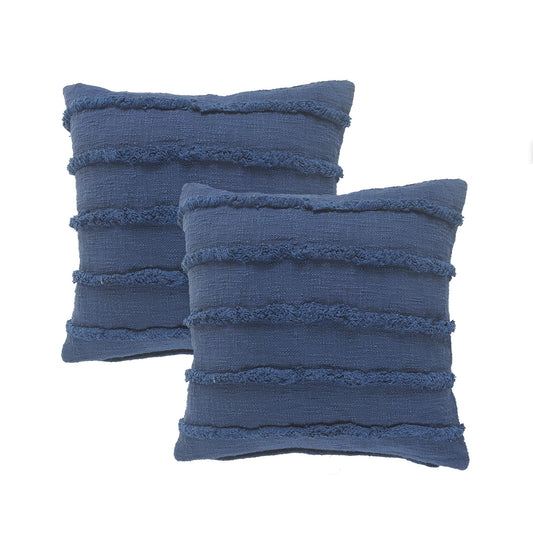 Set of Two Blue Ribbed Cotton Throw Pillow With Fringe FurniFindUSA