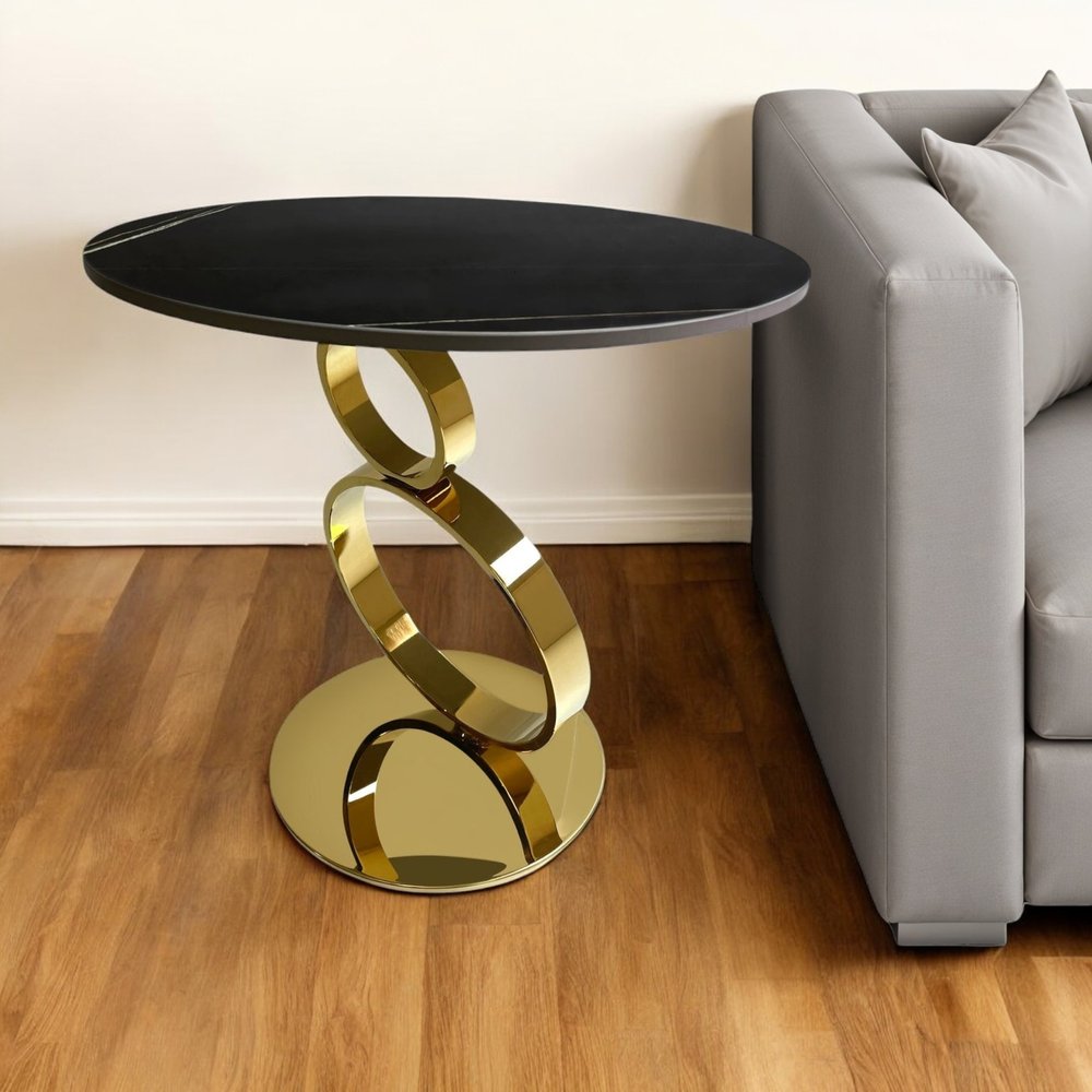 21" Black And Gold Stone And Stainless Steel Round Pedestal End Table HomeRoots