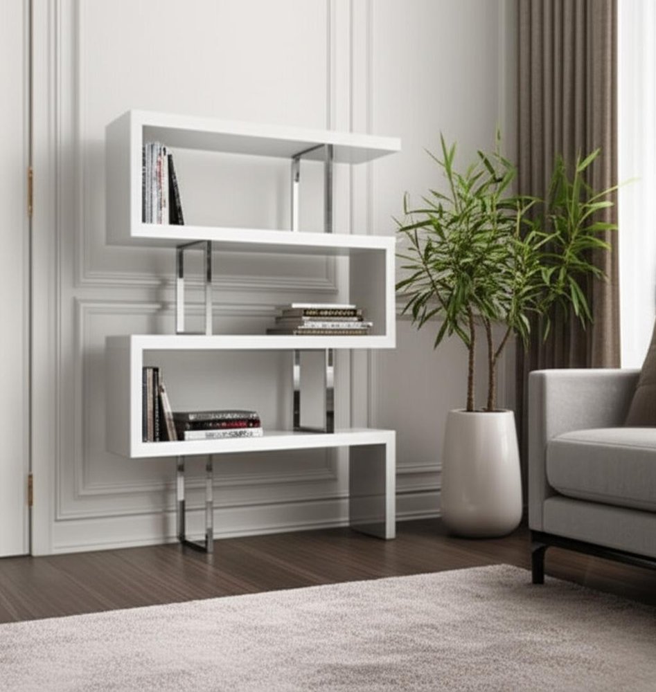 67" White And Silver Metal and Wood Three Tier Etagere Bookcase