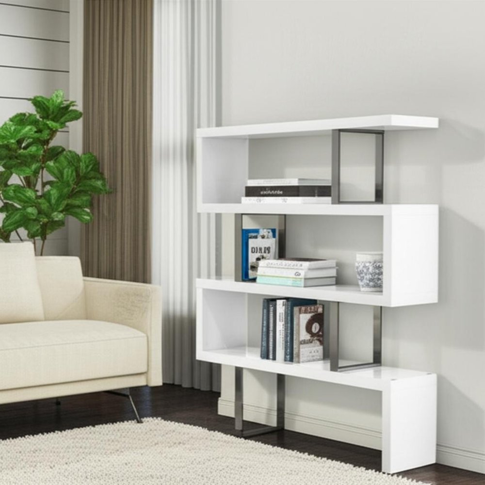67" White And Silver Metal and Wood Three Tier Etagere Bookcase HomeRoots