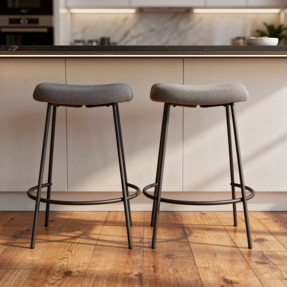Set of Two 26" Gray And Black Fabric And Metal Backless Counter Height Bar Chairs HomeRoots