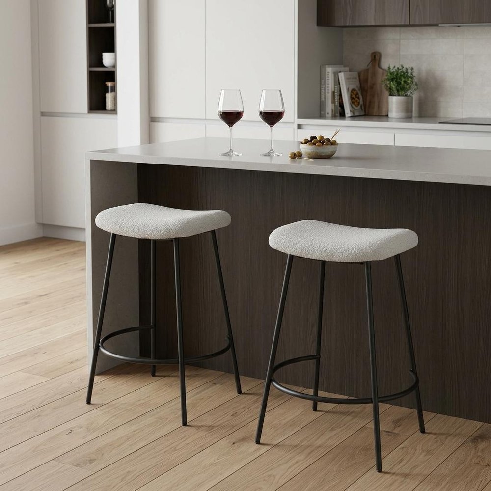 Set of Two 26" White And Black Fabric And Metal Backless Counter Height Bar Chairs HomeRoots
