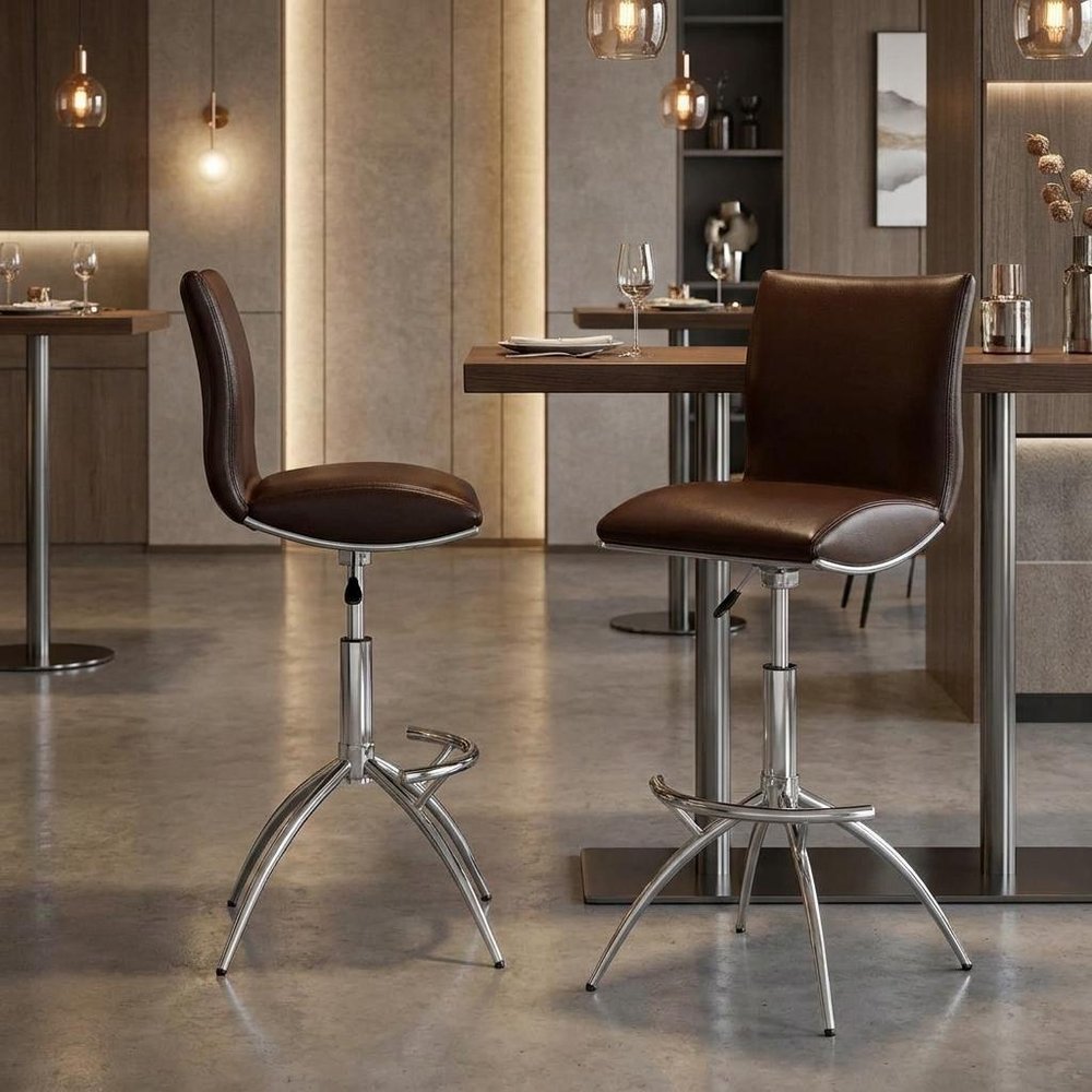 Set of Two Brown And Silver Faux Leather And Metal Low Back Adjustable Height Swivel Bar Chairs HomeRoots