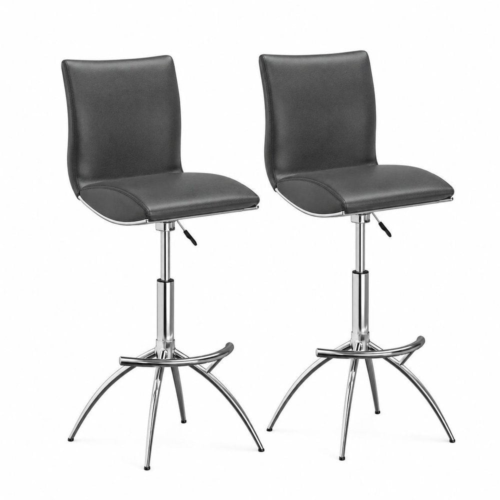 Set of Two Gray And Silver Faux Leather And Metal Low Back Adjustable Height Swivel Bar Chairs HomeRoots