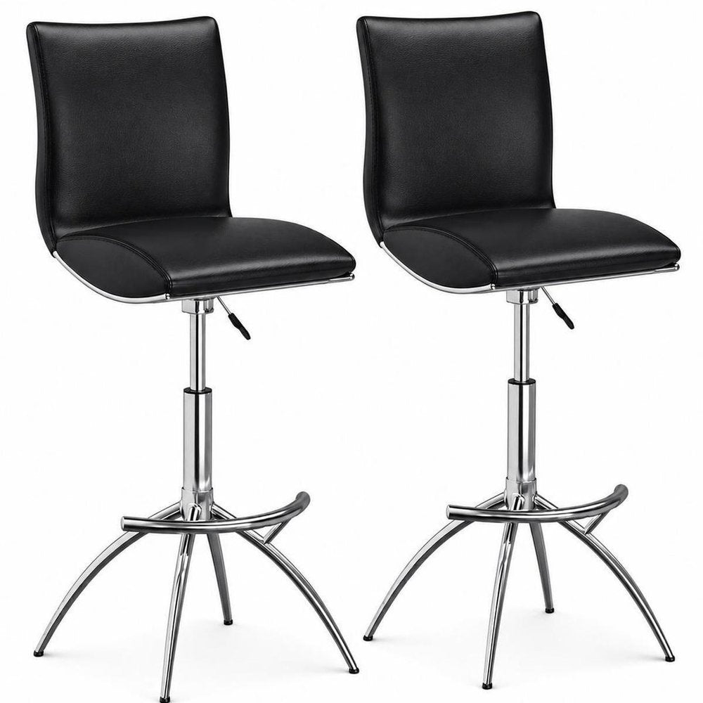 Set of Two Black And Silver Faux Leather And Metal Low Back Adjustable Height Swivel Bar Chairs HomeRoots