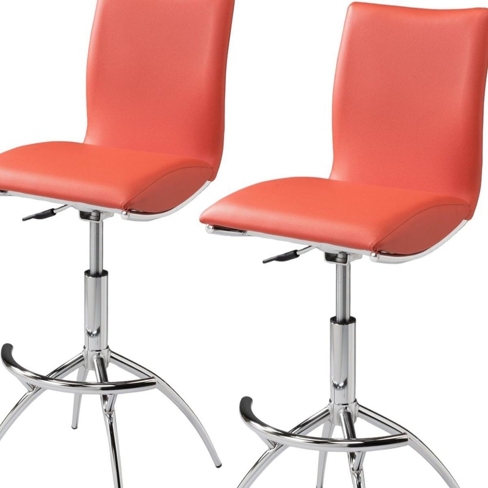Set of Two Orange And Silver Faux Leather And Metal Low Back Adjustable Height Swivel Bar Chairs HomeRoots