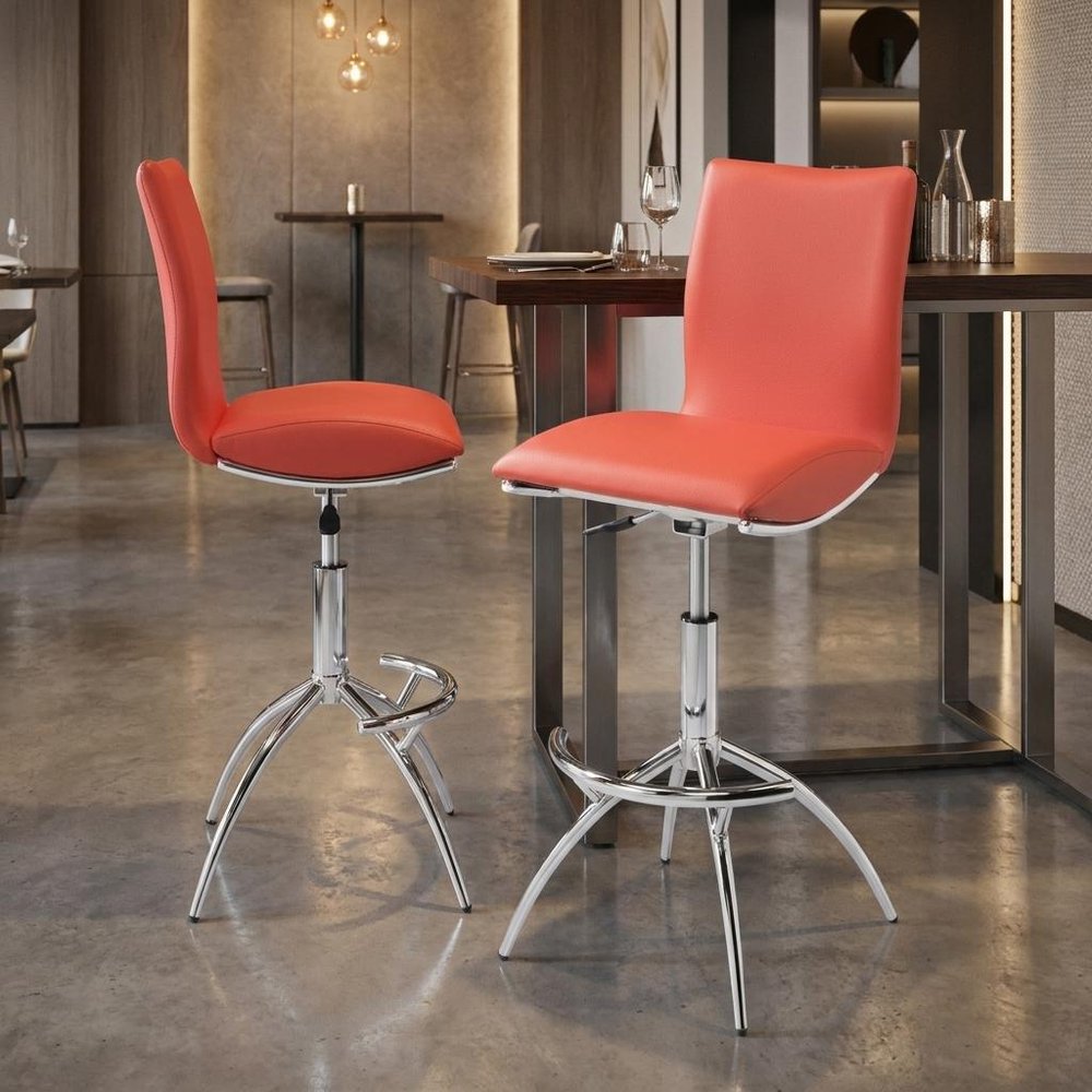 Set of Two Orange And Silver Faux Leather And Metal Low Back Adjustable Height Swivel Bar Chairs HomeRoots