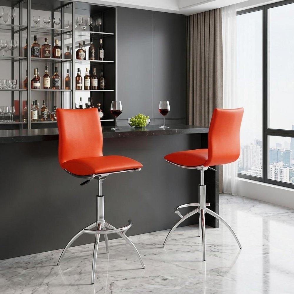 Set of Two Red And Silver Faux Leather And Metal Low Back Adjustable Height Swivel Bar Chairs HomeRoots