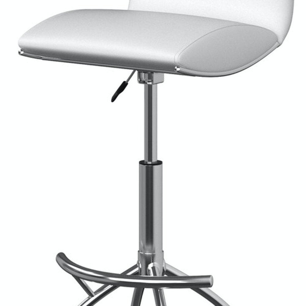 Set of Two White And Silver Faux Leather And Metal Low Back Adjustable Height Swivel Bar Chairs HomeRoots