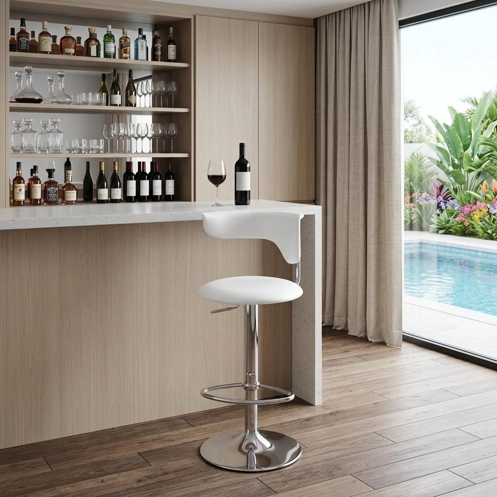 White And Silver Faux Leather And Metal Low Back Adjustable Height Bar Chair HomeRoots