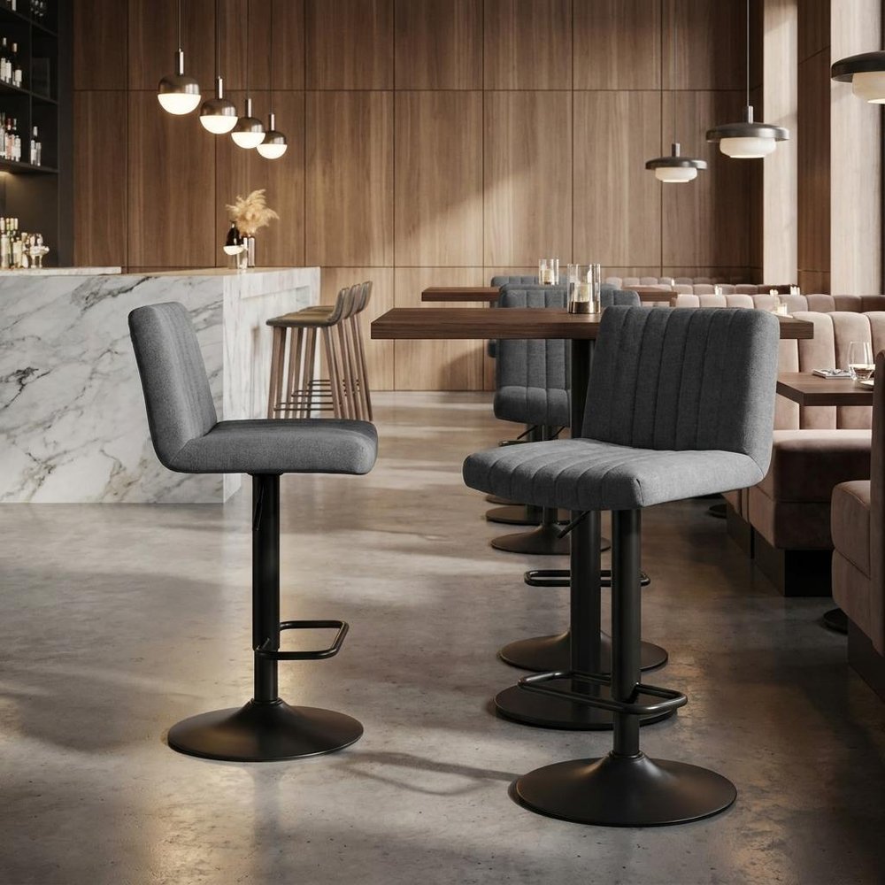Set of Two Gray And Black Fabric And Metal Low Back Adjustable Height Bar Chairs HomeRoots