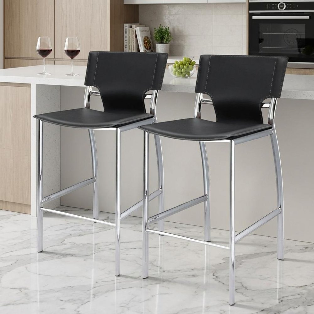 Set of Two 25" Gray And Silver Faux Leather And Metal Low Back Counter Height Bar Chairs HomeRoots