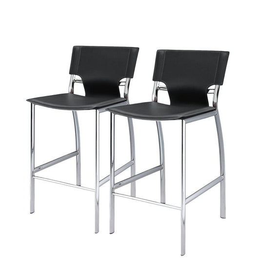 Set of Two 25" Black And Silver Faux Leather And Metal Low Back Counter Height Bar Chairs HomeRoots