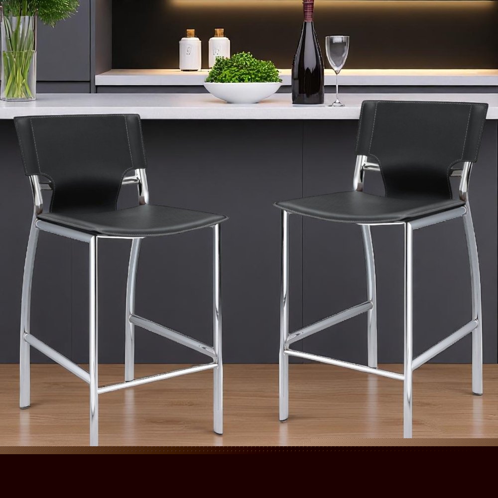 Set of Two 29" Gray and Silver Metal and Faux Leather Low Back Bar Height Bar Chairs HomeRoots