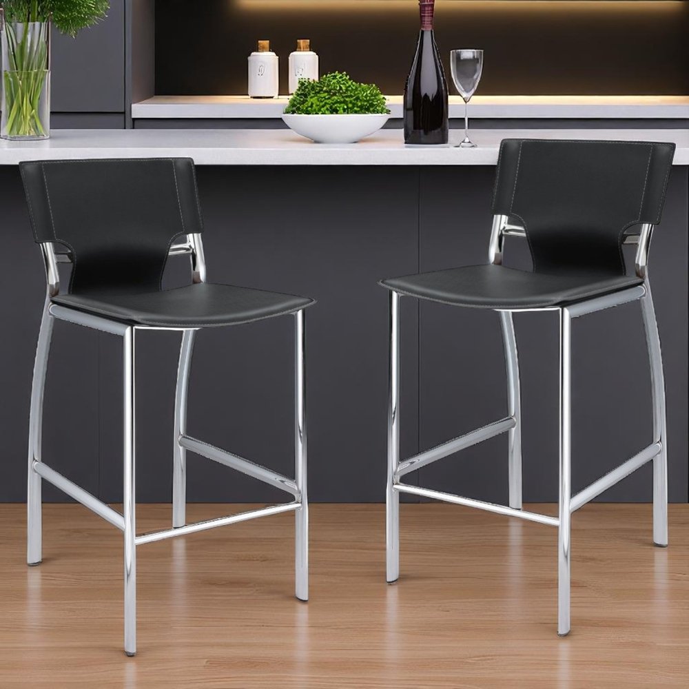 Set of Two 29" Gray And Silver Faux Leather And Metal Low Back Bar Height Bar Chairs HomeRoots