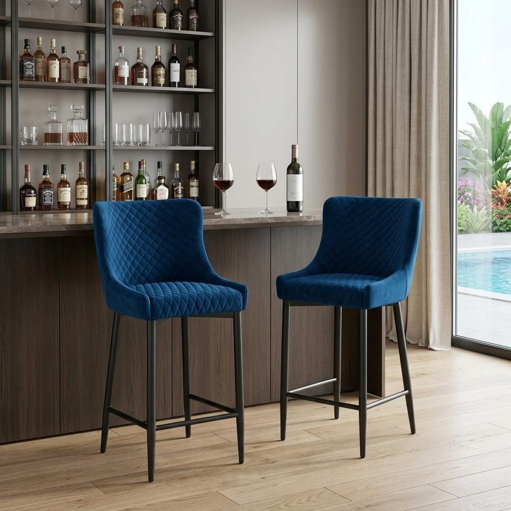 Set of Two 30" Blue And Black Velvet And Metal Low Back Bar Height Bar Chairs HomeRoots